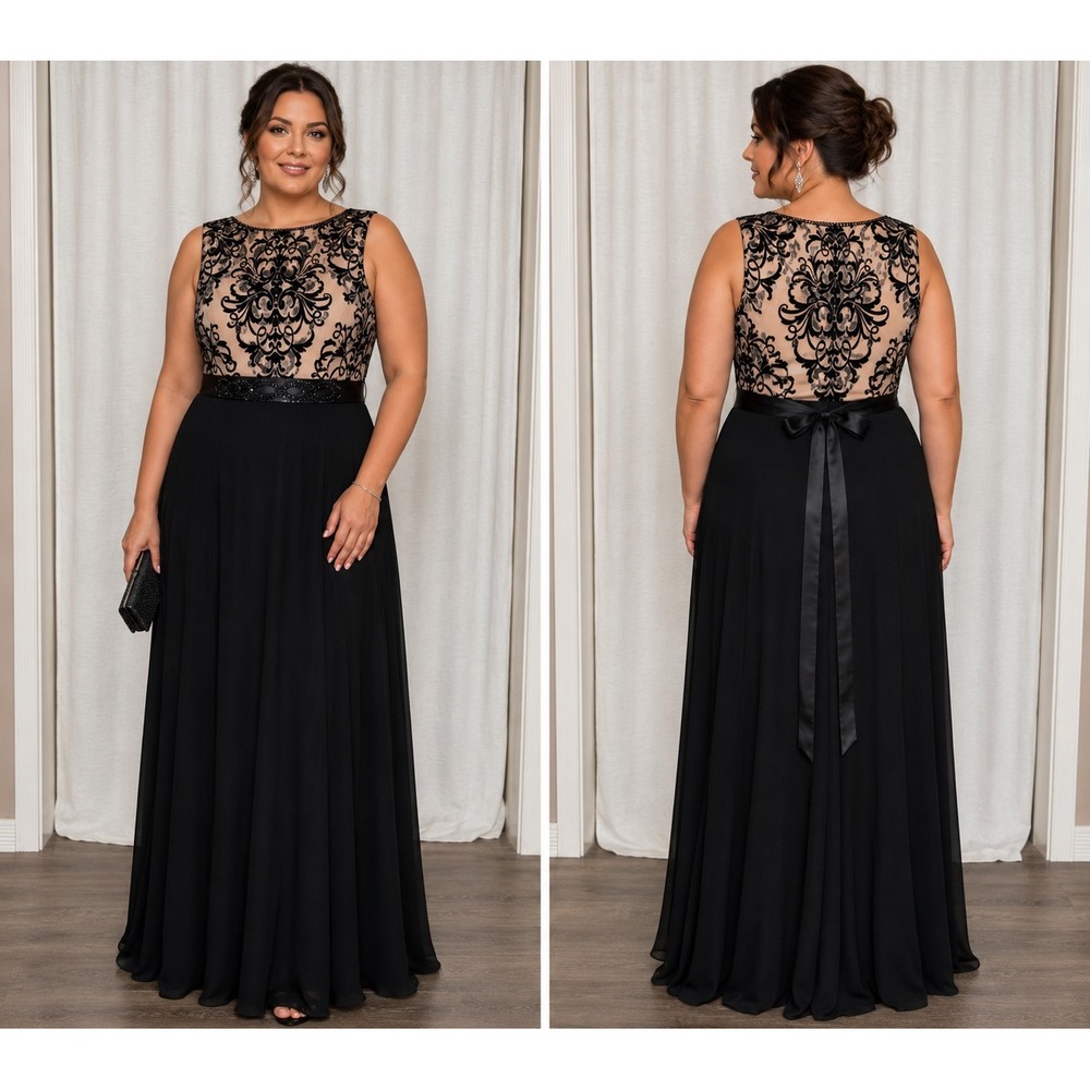 Betsy & Adam Black Cream Mermaid Lace Gown Beaded Waist Formal Dress 12 Elegant